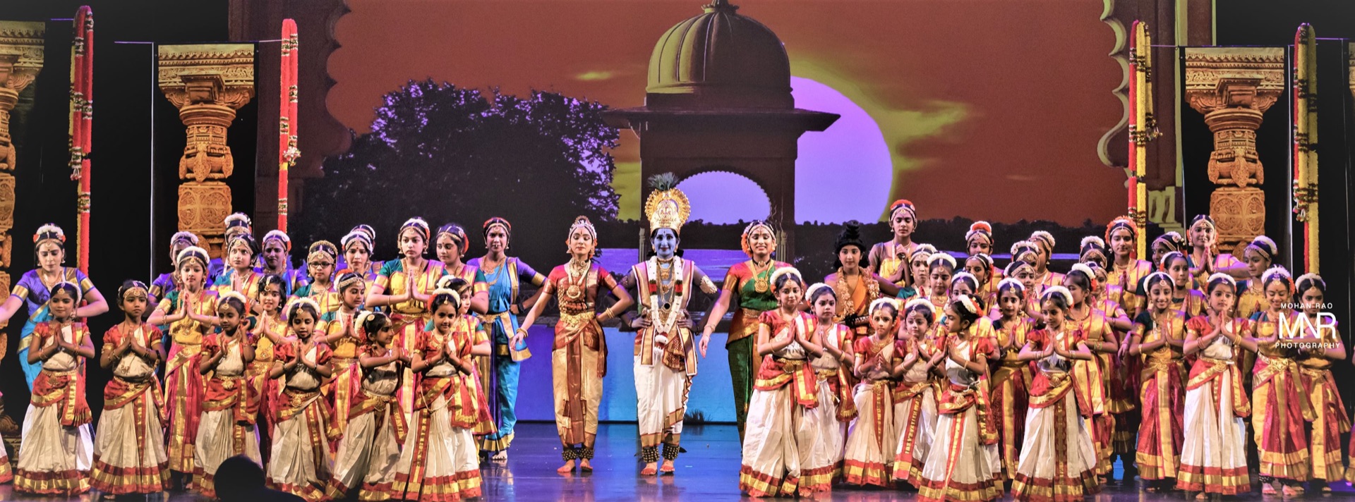 The academy's students on stage at the end of a Kuchipudi ballet